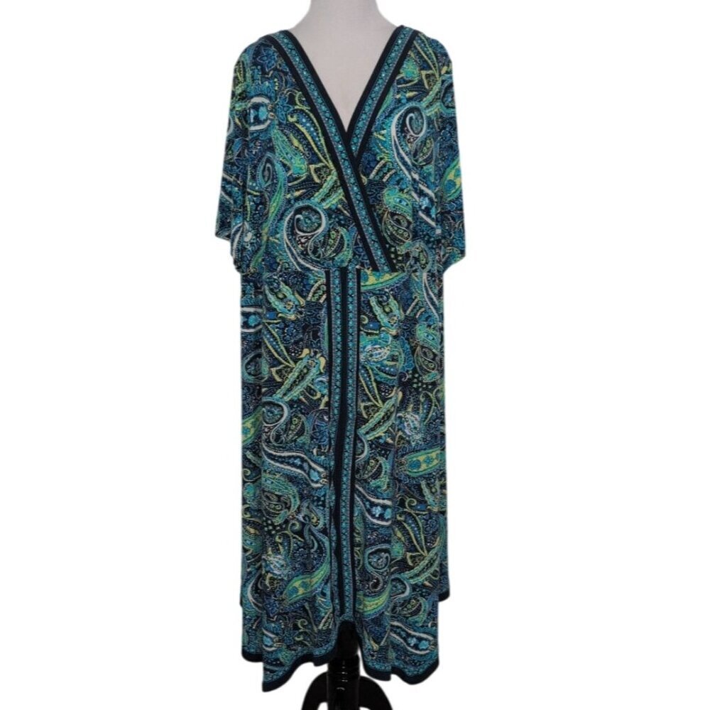 Catherines Paisley Midi Dress Womens Size 2X Blue Short Sleeve Stretch Sequins